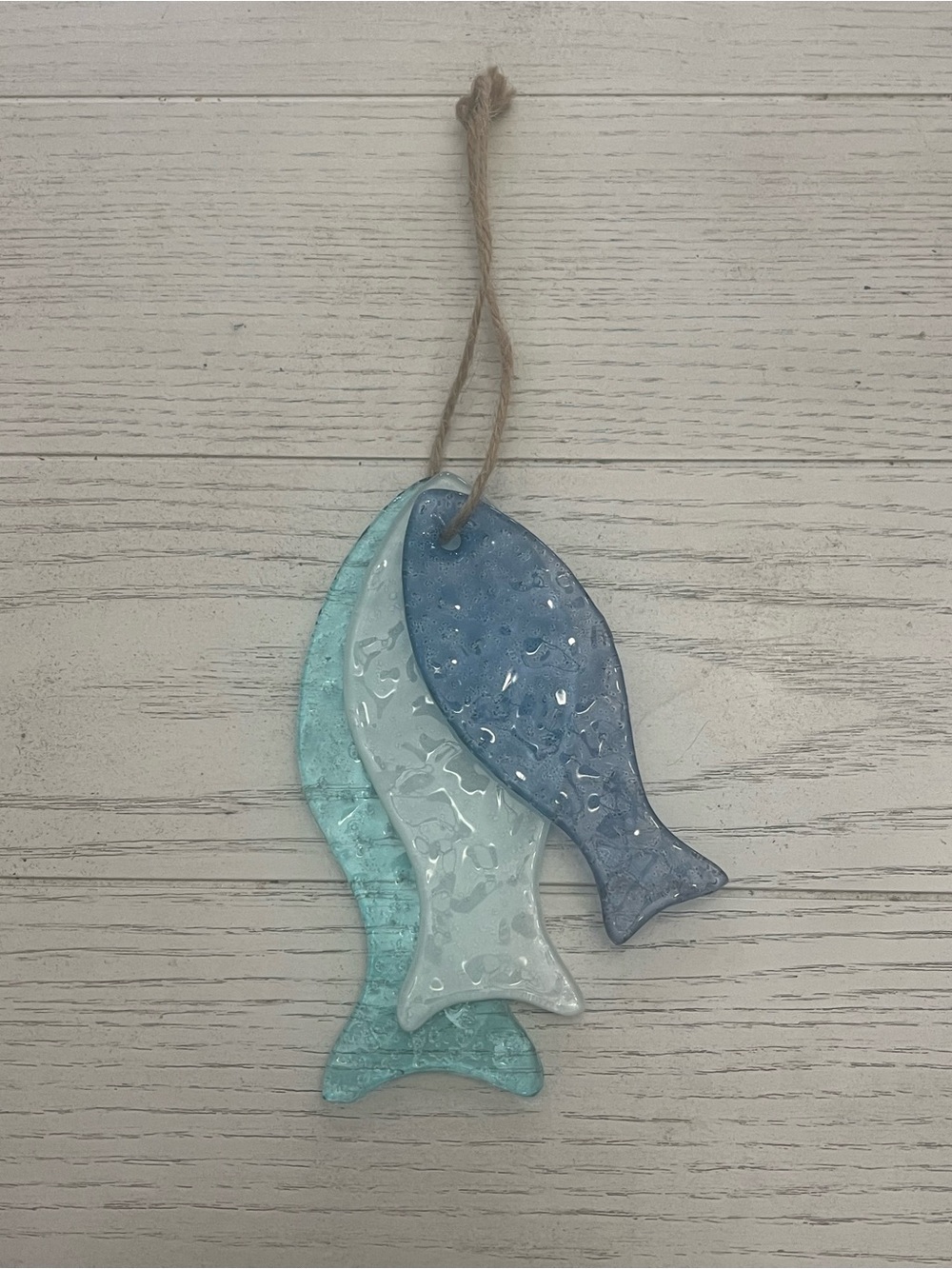 Set of 3 Fused Glass Fish Wall Hangings Blue Aqua White Coastal Beach Decor